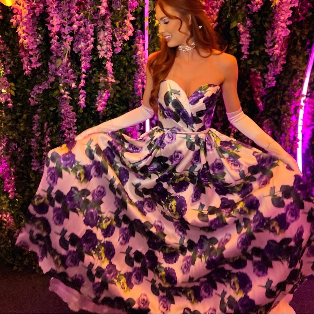 Mac Duggal purple rose ball gown with pockets